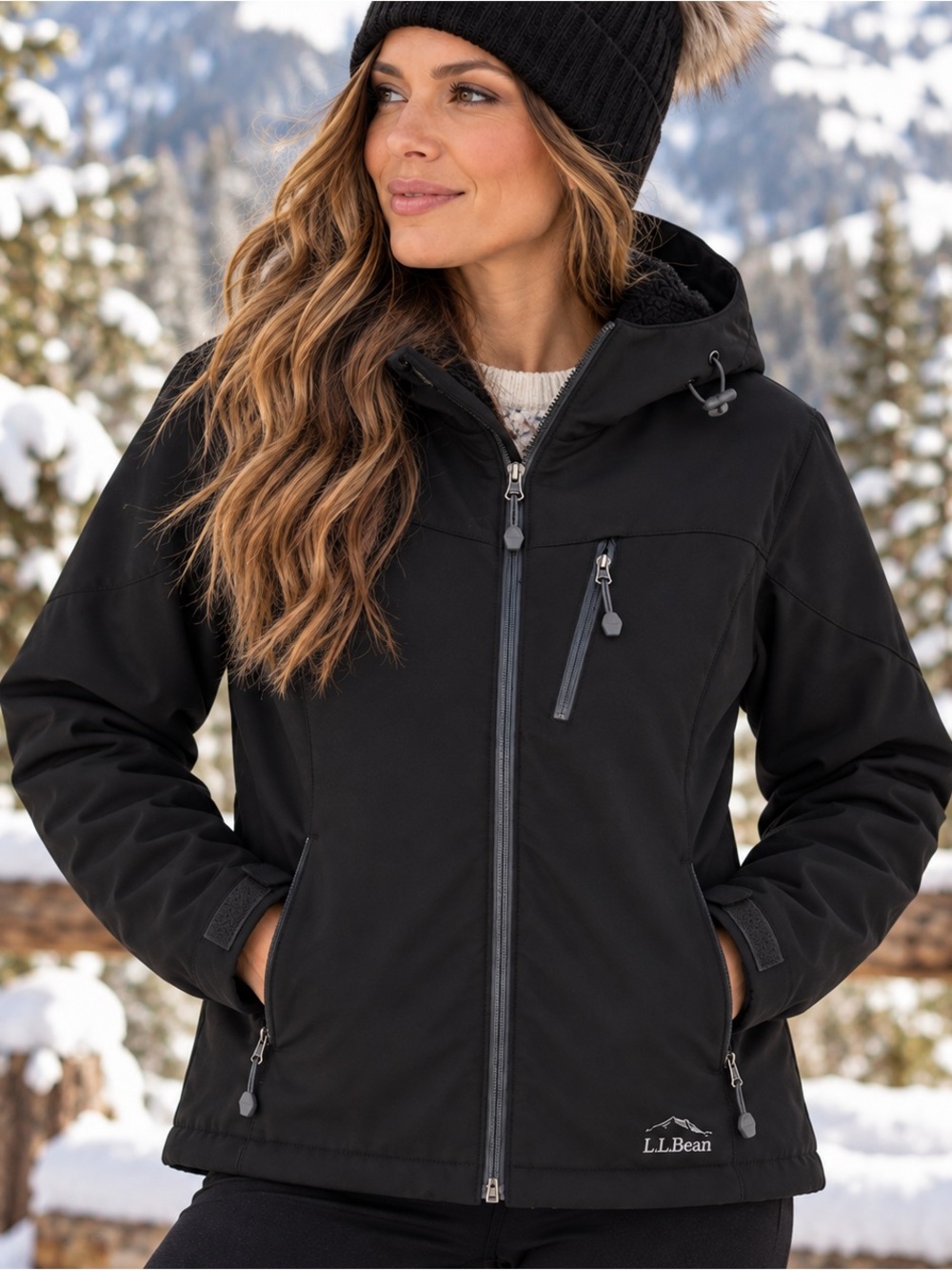L.L. Bean Black Insulated Hooded Ski Jacket with Chest Zip